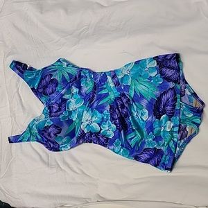 1980s Roxanne Bra-sized Aloha Hawaiian Print One Piece Swimsuit Sz 12/34DD